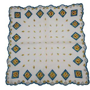 VTG Floral Yellow Rose Handkerchief Hand Rolled Scalloped Edge Womans Hankie